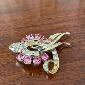 Vintage Pink and White Rhinestone Brooch in Gold-toned Metal